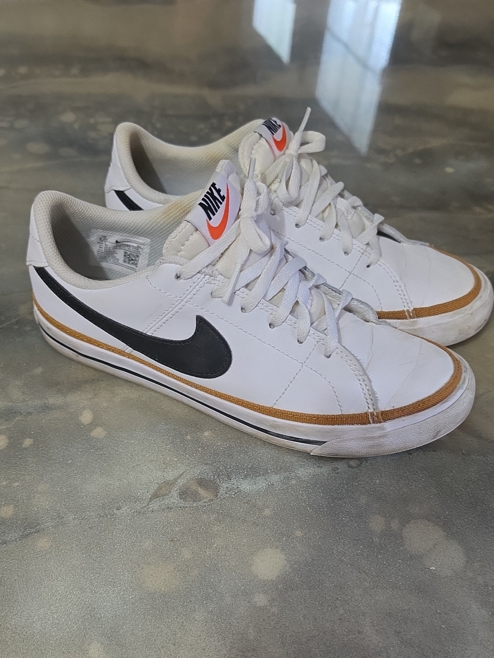 Nike Kids Youth White Sneakers with Black Swoosh and Tan Accent
